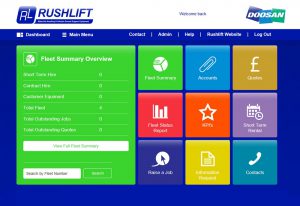 Logistics BusinessDoosans wholly owned subsidiary Rushlift, is launching a new Fleet Management System (FMS). Originally developed in 2005, the latest revision of the website allows all customers access to real-time fleet information on a 24/7 basis. This ensures customers are optimising their materials handling equipment.  
<br></noscript><br>
Through Doosan Rushlifts IT team at the Northampton (UK) premises, the FMS website has been developed in-house allowing the company to maintain and update as and when required, ensuring that customers are always kept up-to-date with the latest FMS functionality and website enhancments.
<br><br>
Each customer is provided with their own login details, enabling them to have complete visibility of their equipment and its history; this new online system allows customers to log breakdowns on a 24/7 basis, monitor uptime and fleet utilisation, request and authorise quotes for repairs, as well as review accounts information. The major benefit here is that these improvements to the FMS website enables the customer to make informed decisions based on real time information. 
<br><br>
With the ability to log breakdowns and repairs online, there is no longer the need to make a phone call to report a problem. Once a job is registered online, the job is issued by the operations team to a Doosan Rushlift engineer, who will then action and arrange to resolve the problem.  
<br><br>
The Fleet Summary section allows the customer to monitor progress of any breakdowns or repairs, providing a live indication of the estimated time of arrival of the engineer as well as an update on the status of the job. This is also updated to the customers via email, if required. 
<br><br>
Live information is fed into the FMS website from the engineers tablet whenever they visit site with all maintenance records being updated in real time. The Doosan Rushlift system provides important data on customers equipment, including uptime, utilisation and other Key Performance Indicators (KPIs).
<br><br>